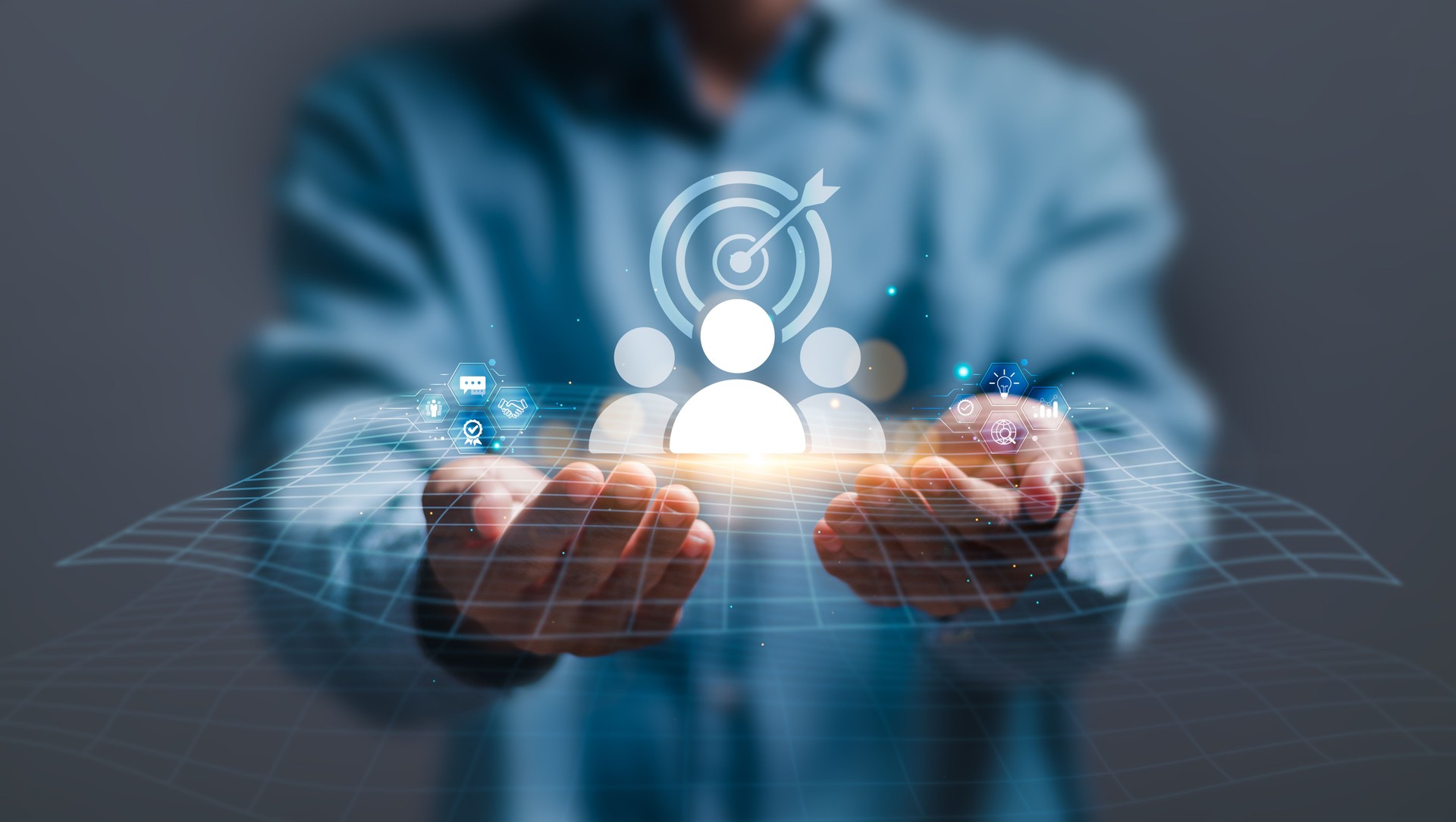 CRM, customer relationship management, Businessman holding virtual target customer icon for customer focus group. Digital marketing online, CRM, Data exchanges development and customer service.
